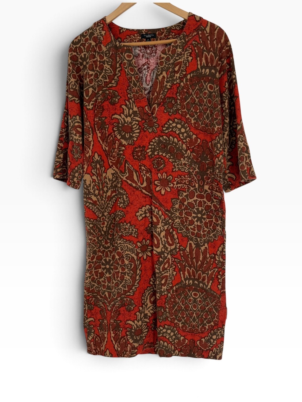 Talbots Orange Brown Paisley Linen Blend Sheath Dress Size 6 Split Neck Fall